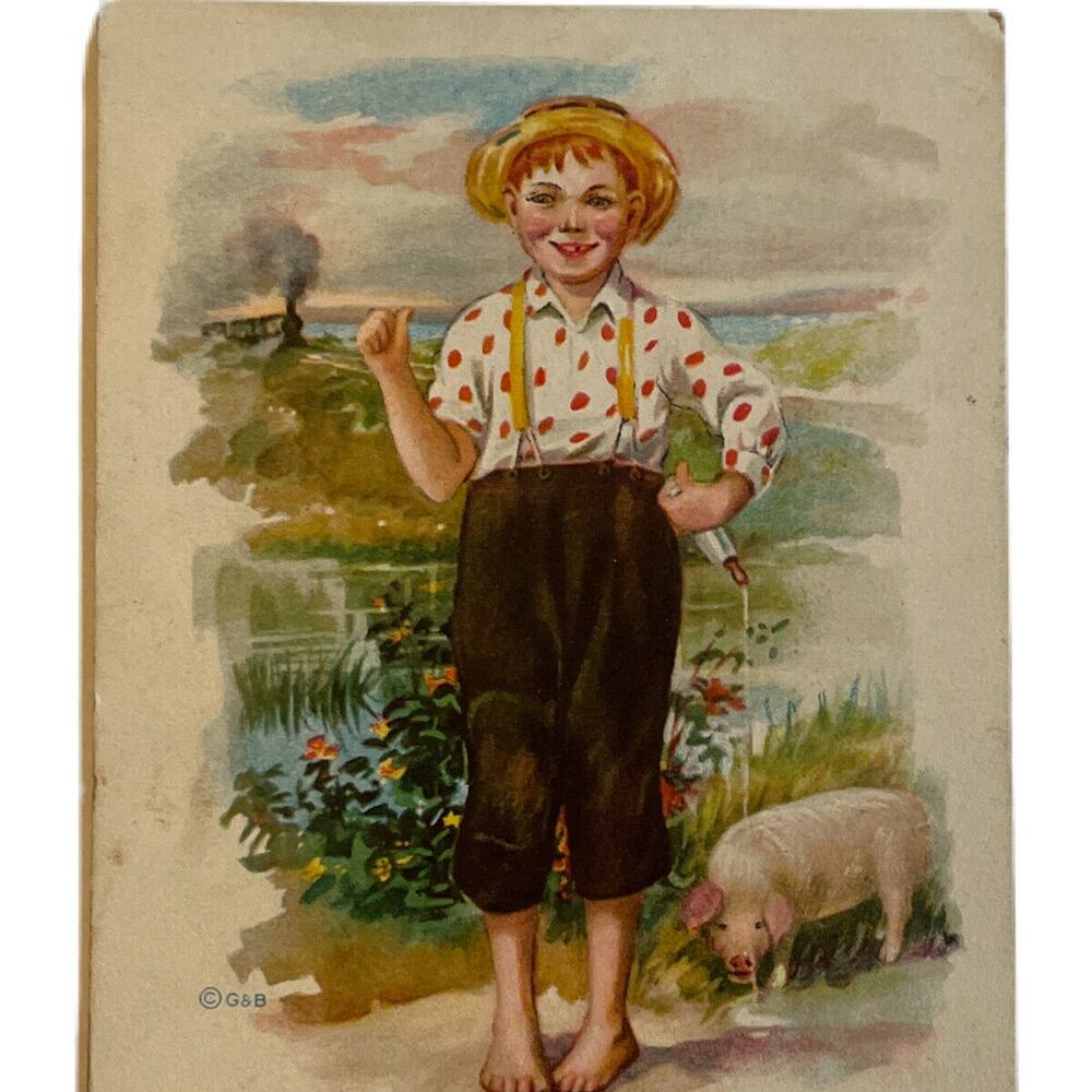 Antique 1916 Ephemera Gartner & Bender Postcard Sweet Countryside Train Boy Pig